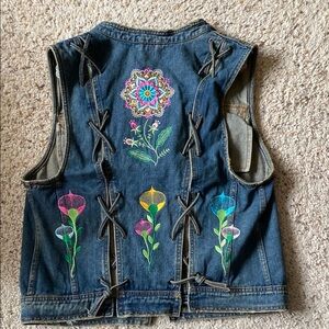 Free People Denim Vest with Floral Embroidery